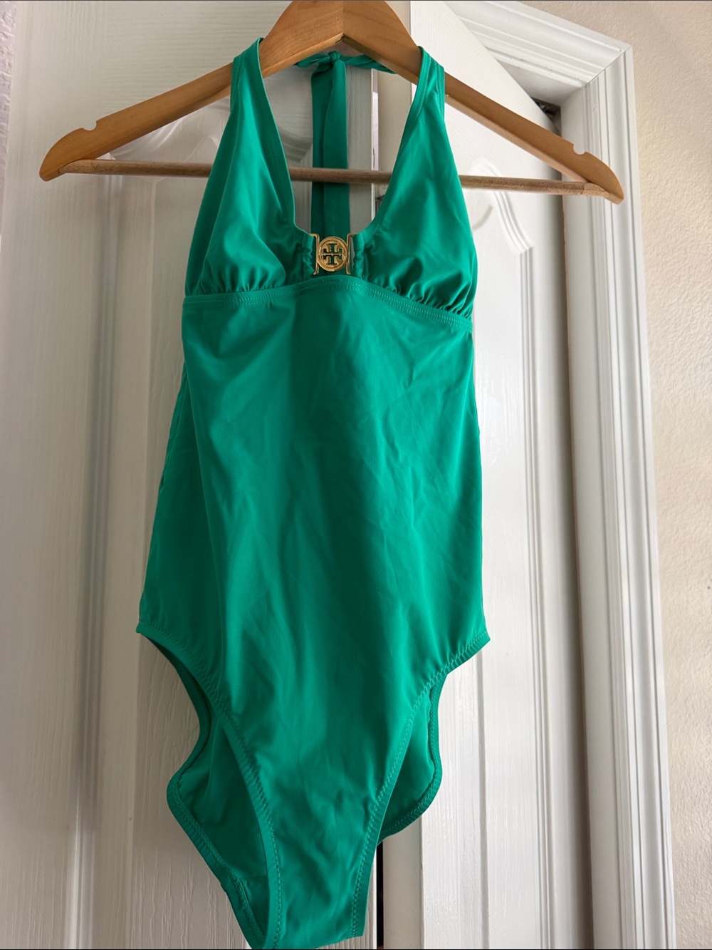 Tory Burch Emerald Green Halter One-Piece Swimsuit with Gold Logo